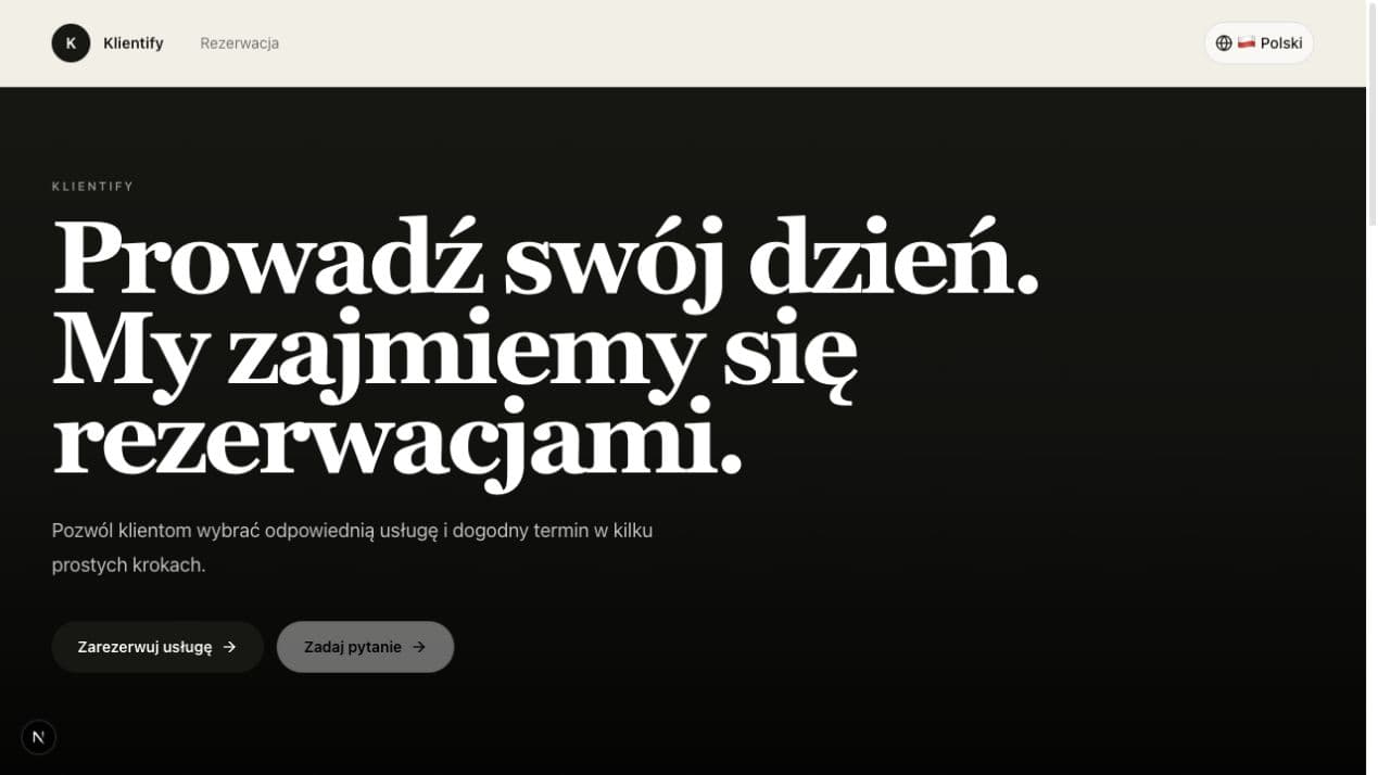 An example business website built in Klientify, with booking and contact actions